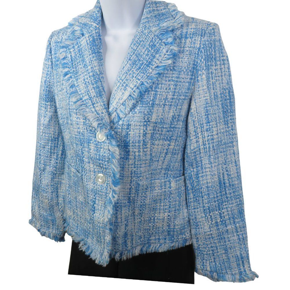 Chadwicks Tweed Blazer 2 Petite Blue and White Fringe Edged 3 Button Jacket